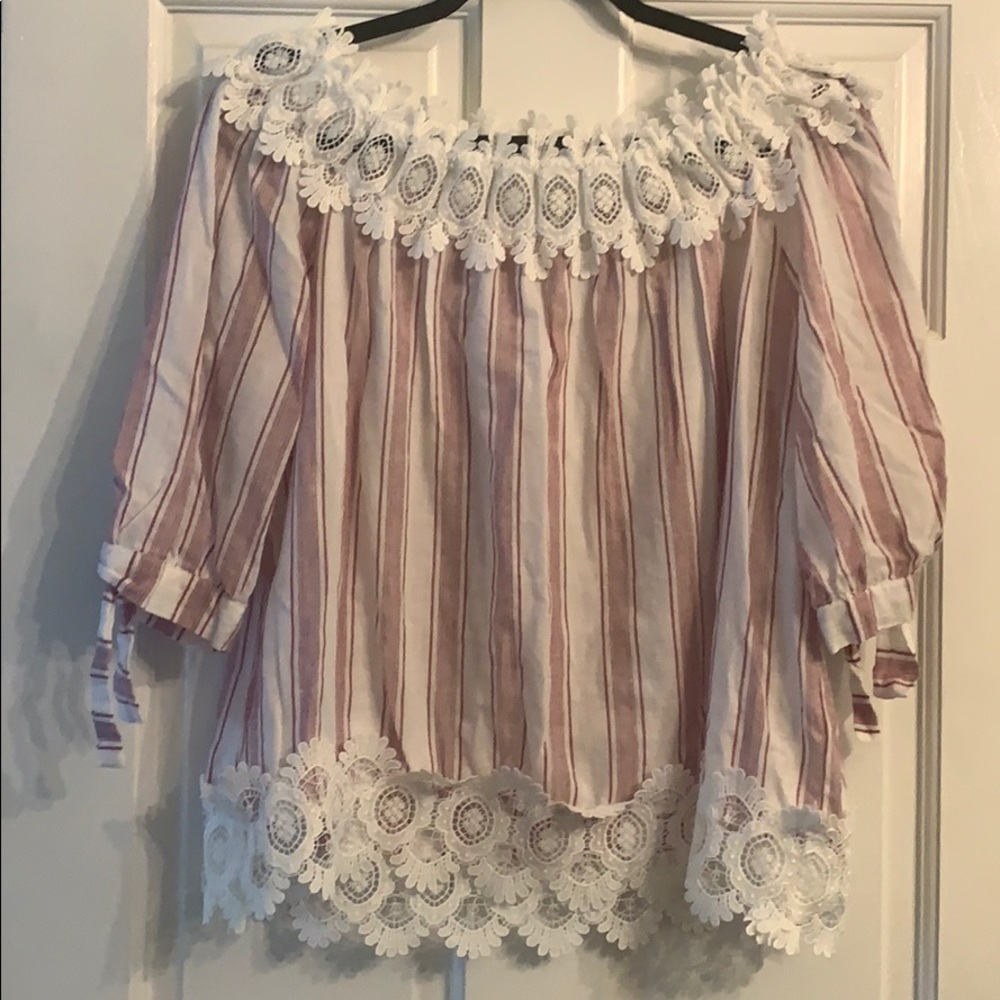 Red and white striped off the shoulder blouse
